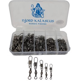 Njord Kalastus Premium Fishing Swivels Set of 100 | Carabiner with Swivel Box | Swivel Fishing 20 Pieces Barrel Swivels Each Size: #10#8#6#4#2 | Universal Fishing Accessories Box