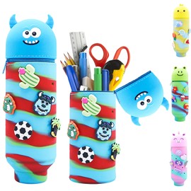 AUNGKWANG Kawaii Pencil Case, 2 in 1 Stand Pencil Case with Zip, Cute Cartoon Animal Pencil Case, Artist Pencil Case, Cute School Supplies, for Students, Teenagers, blue, pen holder for stationery
