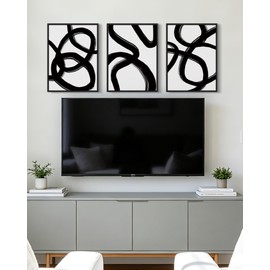 KUVIOKE Black and Grey Abstract Framed Wall Art Ink Wash Minimalist Lines Painting Artwork for Bedroom Hallway 12x16in (Black Framed)