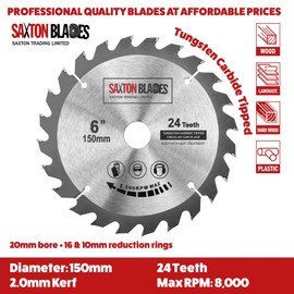Saxton TCT Circular Saw Blade 150mm x 20mm bore x 24 teeth + 16mm and 10mm Ring Compatible with Ryobi Bosch