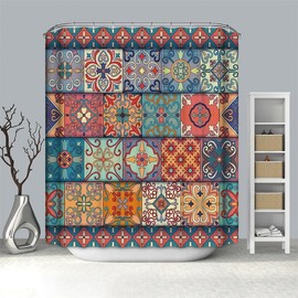Moroccan Pattern Seamless Patchwork Shower Curtain, Bohemian Colorful Floral Mediterranean Design Shower Curtain for Bathroom Decorations