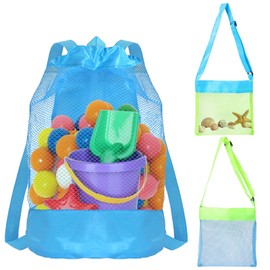 3 PCS Beach Toy Bag Mesh Sand Toy Beach Bag Large Mesh Beach Backpack and Adjustable Seashell Bag for Shell Collecting Pool Toys Storage