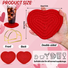 Whaline Valentine's Day Handmade Braided Cotton Coasters Love Heart Shape Drink Coasters Red White Absorbent Cup Coasters with Holder for Party Home Office Decor Housewarming, Set of 4