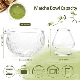 CAMATET Matcha Bowl and Whisk Holder Set, Glass Matcha Bowl with Spout, Ceremonial Mixing Chawan, Clear Traditional Japanese Matcha Kit for Tea/Matcha Powder/Soup - Hammer Pattern