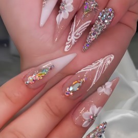 24Pcs Bling Glitter Rhinestones Press on Nails Long Almond Fake Nails with Diamond White Flower Design Luxury Rhinestones Acrylic Nails False Nails Petal Artificial Nails Stick on Nails for Women