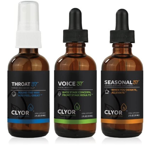 CLYOR Voice37 Singers Voice Remedy, Throat37 Sore Throat Remedy, Seasonal37 Cold Remedy – All Natural Vocal Booster, Sore Throat Remedy, Cold Remedy. Bundle of All 3 Bottles