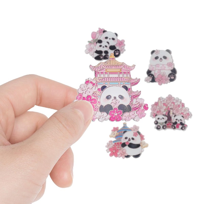 Set of 5 Spring Pink Cherry Blossom Panda Brooch Bookbag
