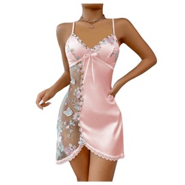 RoseSeek Women's Mesh Floral Embroidery Lace Trim Sheer Chemise Sleep Dresses Babydoll Nightgown Satin Slip Dress Pink Large