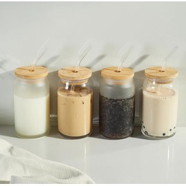 Yummee 16oz Glass Cup with Straw and Brush, Leakproof Reusable Glass Coffee Cup with Lids for Iced Tea, Latte, Cocktail, Milkshake, Water, Juice (Clear)