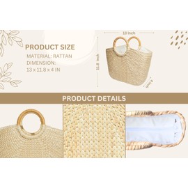 THmarket Summer Rattan Bag, Straw Bag For Womens Girls, Straw Handwoven Handbag With Handles, Straw Rattan Retro Bag Beach, Beach Sea Summer Rattan Clutch Bags (Medium Size)