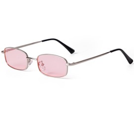 Laurinny Retro Narrow Rectangle Sunglasses for Women Men Vintage 90s Small Metal Frame Square Glasses(Silver/Pink)