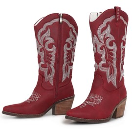 gioanroca Women's Cowboy Boots Mid Calf Embroidered Stitched Cowgirl Boots with Point Toe Side Zippe Retro Western Cowboy Boot