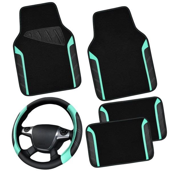 CAR PASS Leather Steering Wheel Cover and Waterproof Car Floor Mats,Microfiber Universal Car Combo Fit for 95% Sedan,SUV,Cars,14.5-15inch Sporty Anti-Slip Safety Comfortable Design(Black＆Mint)