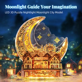 FUNPOLA 3D DIY Puzzle Moon City Model - LED 3D Wood Puzzle - 3D Wooden Puzzles for Adults Home Décor Gifts for Kids and Adults, Brown