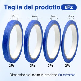 Scettar 8 Rolls 3/5/8/12mm Thin Masking Tape Masking Tape for Painters Colored Paper Tape for Car School Office DIY Projects (Blue, 20m/Roll)