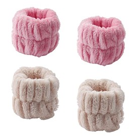 Ruwado 2 Pairs Wristband for Washing Face Soft Absorbent Microfiber Wash Towel Band Scrunchies for Women Girls Makeup Prevent Liquid from Spilling Down (Khaki and Pink)