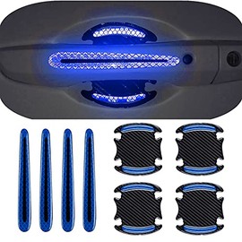 BLAKAYA Car Door Handle Scratch Cover Sticker Protective Film Pad & Carbon Fiber Striation Bowl Decal Warning Sticker Reflective Strips (8PCS Blue)