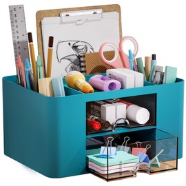 Marbrasse Pen Organizer with 2 Drawer, Multi-Functional Pencil Holder for Desk, Desk Organizers and Accessories with 5 Compartments + Drawer for Office Art Supplies (Dark Green)