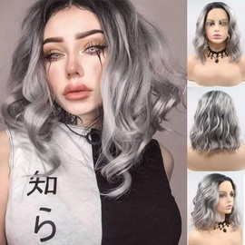 Cosplay Wig Ombre Gray Lace Front Wigs for Women Dark Roots Short Bob Synthetic Wigs Silver Grey Short Wavy Synthetic Lace Wig 12 inches