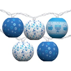 Happy Hanukkah LED Hanging Lanterns String Lights - Chanukah Decorations Paper Lanterns - 12 Blue & White Paper Lanterns with LED Lights - 10 ft Hanukkah Décor