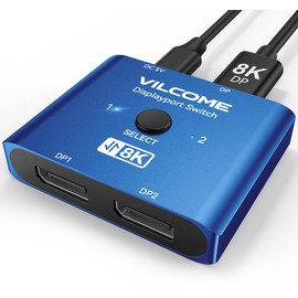 Vilcome DisplayPort Switch 8K Splitter, Plug & Play, One-Button Switching, Bidirectional Display Port Switcher Box 2 in 1 Out/ 1 in 2 Out, 8K@60Hz, 4K@120Hz, 1080P@240Hz for PC Monitor Laptop (Blue)
