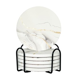 Set of 6 Absorbent Drink Coasters with Holder, Gray Style Ceramic Coasters Situable for Various Cups, Wooden Table, Coffee Table, Housewarming Gifts for Home Decor (Gray)