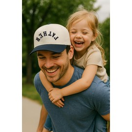 Funky Junque Canvas Snapback Trucker Hat - Father's Day, Funny Mom Hat, Baseball Cap for Mom & Dad - Father (Upside Down) - Navy/Beige