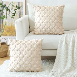 Artscope Set of 2 Wool Cushion Covers, Soft Plush, Short Wool Velvet, Decorative Cushion Covers, Luxurious Sofa Cushion, Boho Cushion Cover for Sofa, Bedroom, Floral Pattern, Cream Beige, 40 x 40 cm