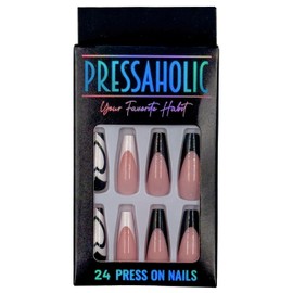 Pressaholic Press On Nails- 24 Press On Nails Style: (Sharp As A Tack) nude long nails, black and white French long square nails, heart detail