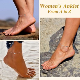 Suplight Stelring Silver Anklet Bracelets for Women, C Letter Initial Heart Anklet Beach Bracelet