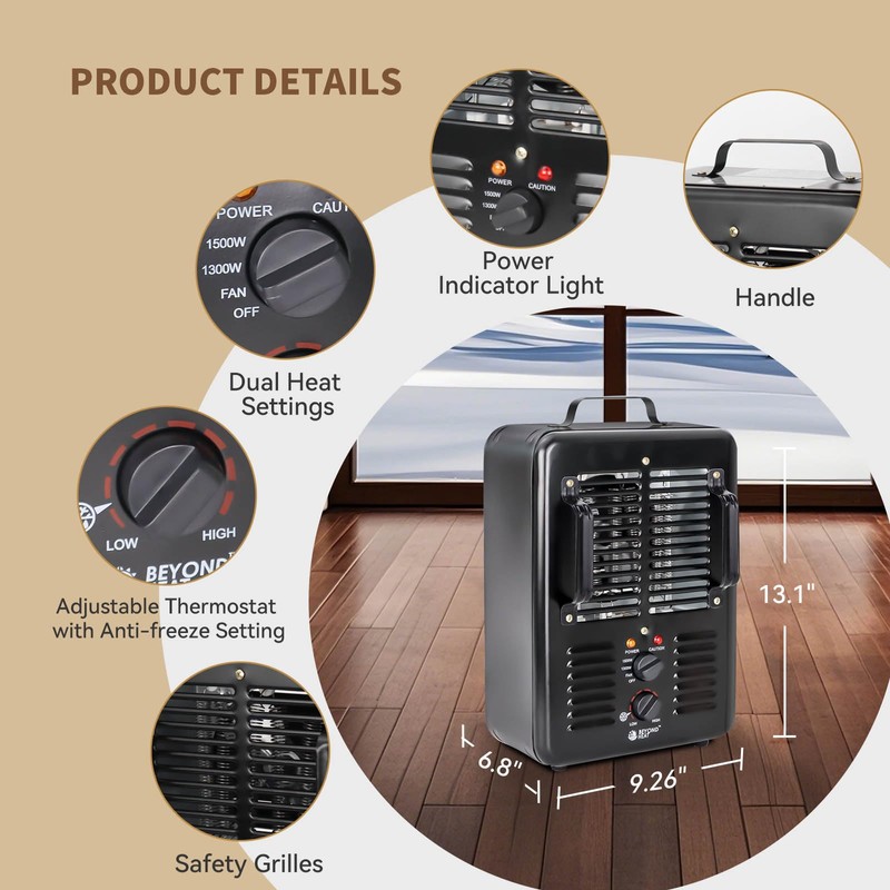 BEYOND HEAT Milkhouse Space Heater, 1300W/1500W Electric Heater with Thermostat,