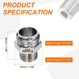 HARFINGTON 304 Stainless Steel Hex Nipple 3/4" GHT Male x 1/2" NPT Male Straight Thread Pipe Fitting Extension Pipe Fittings Connector Adapter for Water Oil Gas Tub