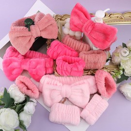 AOPRIE SPA Headbands for Washing Face Makeup Headbands with Bow Hair Band Women Facial Head Band Laurel Wrist Towel Wraps For Shower Face Mask Red Pink, 12 Pack
