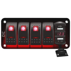FXC 12V 24V DC 4 Gang Rocker Switch Aluminum Panel with Voltmeter & Dual USB(4.8 A) Fast Charging, Red Backlit Led, Pre-Wired Waterproof for Marine, Boat, Car, Truck, Polaris, Jeep (Red)
