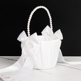 Flower Girl Baskets for Weddings, White Flower Basket with Pearl Handle for Flower Girls