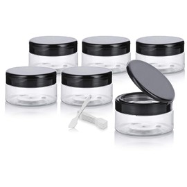 Clear PET Plastic (BPA Free) Refillable Low Profile Jar with Black Flip Top Cap - 8 oz (6 Pack) + Spatulas