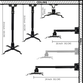 Tonalee Projector Mount Wall or Ceiling Projection Mount Bracket with Adjustable Height and Extendable Arms Mounts for Home and Office Projector