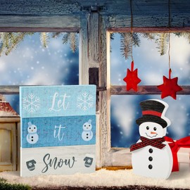 4 Pieces Winter Wood Blocks, Snowman Wood Decoration Let It Snow Wood Signs Rustic Winter Decor for Tiered Tray Mantel Decor Home Decor (Snowman)