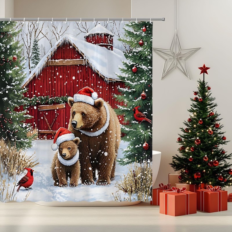 Winter Christmas Bear Shower Curtain, Rustic Cabin Wildlife, 70 x
