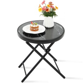 HOMEFUN Outdoor Side Tables - Folding Patio End Table with Tempered Glass Tabletop, Portable Bistro Coffee Table for Porch Yard, Balcony, Garden, Deck, Poolside, Black