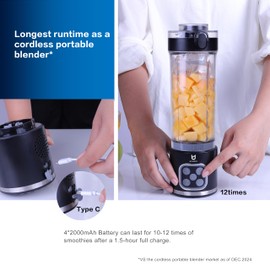 UTALENT Cordless Portable Blender, 25 oz removable Vessel, 700W Personal Blender, For-Smoothies, Ice Crush, 4 Programs, Leakproof-Lid & Sip Spout, USB-C Rechargeable, Dishwasher Safe Parts, Black