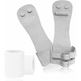 FINGER TEN Gymnastics Hand Grips Guards Leather Double Buckle for Bars Girls Women with Wristbands, Gymnastics Gloves Palm Protection with Wrist Support for Weightlifting Workout (White, L)