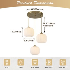 KCO Lighting Large 3 Light Cluster Chandelier Gold Globe Pendant Lights Kitchen Island White Ribbed Glass Ceiling Pendant Light Antique Brass Chandeliers for Dining Room