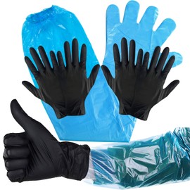 WRDSL 40 Pairs Field Dressing Gloves, Disposable Cleaning Deer Gutting Gloves, Orange Hunting Long Gloves and Black Short Dressing Gutting Gloves with Tightening Device for Gutting Field