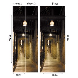 FLFK Door Sticker - Peel and Stick Door Mural, Removable Self-Adhesive Retro Corridor Wallpaper for Home Decor, 30.3"W x 78.7"L, Set of 2 Sheets