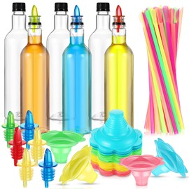 Baderke 162 Pcs Shaved Ice Kit 50 4oz Flower Shaped Snow Cone Cups 100 Spoon Straws 6 25oz Long Neck Plastic Bottles 6 Bottle Pourers for Hawaiian Holiday Beach Party(Mixed Color)