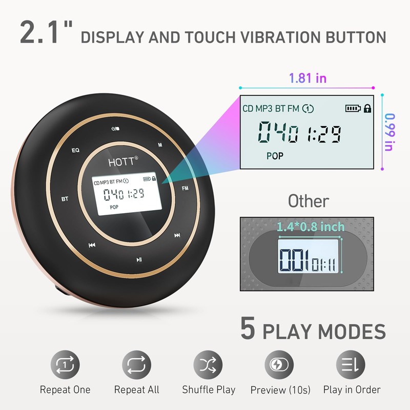 HOTT C105 Portable CD Player, Rechargeable Battery,Bluetooth/FM Transmit/AUX-in, Anti-Shock, Backlight