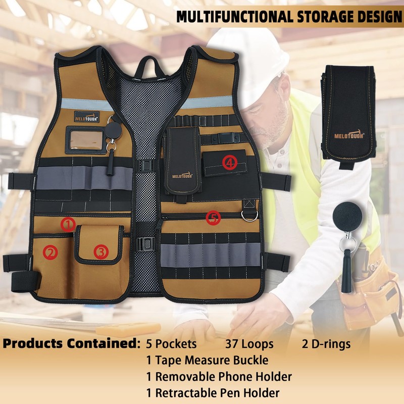 MELOTOUGH Tool Vest for Men Reflective Safety Tool Vest with