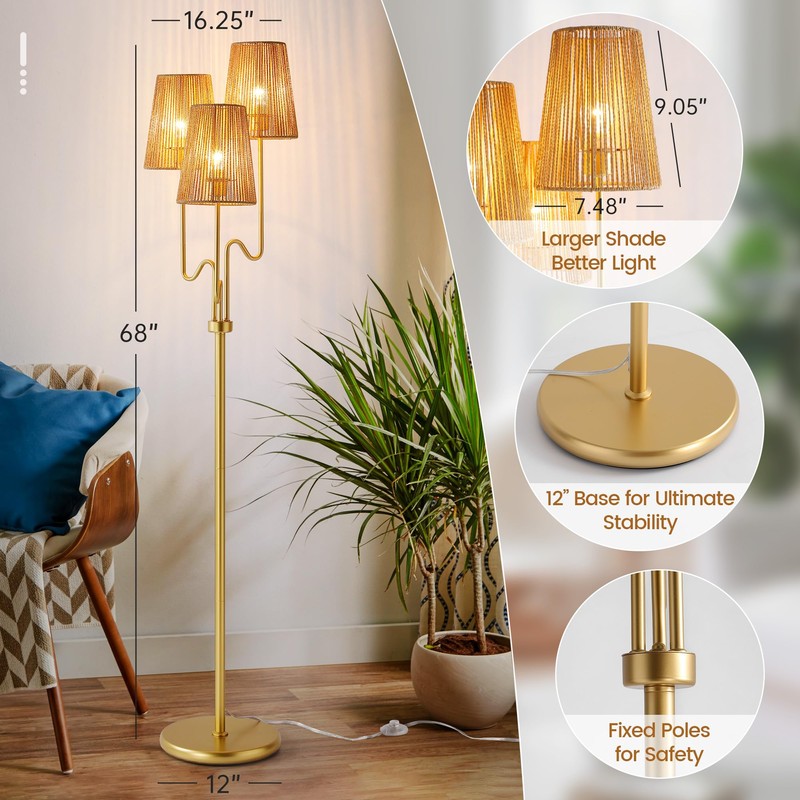 Boho Floor Lamp, 68in. Rattan floor lamp with Natural Woven