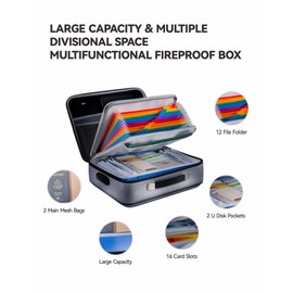 Gancuiwen Fireproof Document Box 10 Layer File Organizer Box with Lock. Important Document with File Folder, Laptop, Portable Travel Safe(Gray)